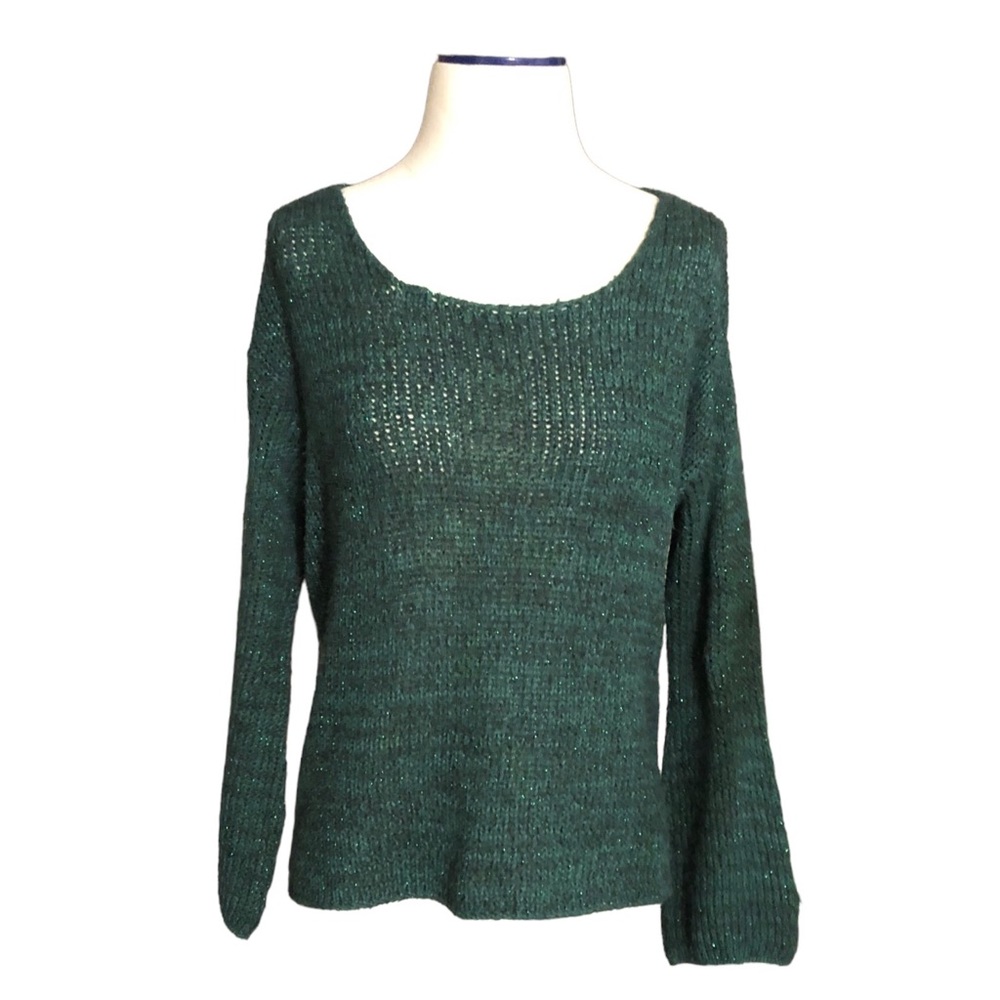 ANIMALE Metallic Green Scoop Neck Sweater Loose Open Knit